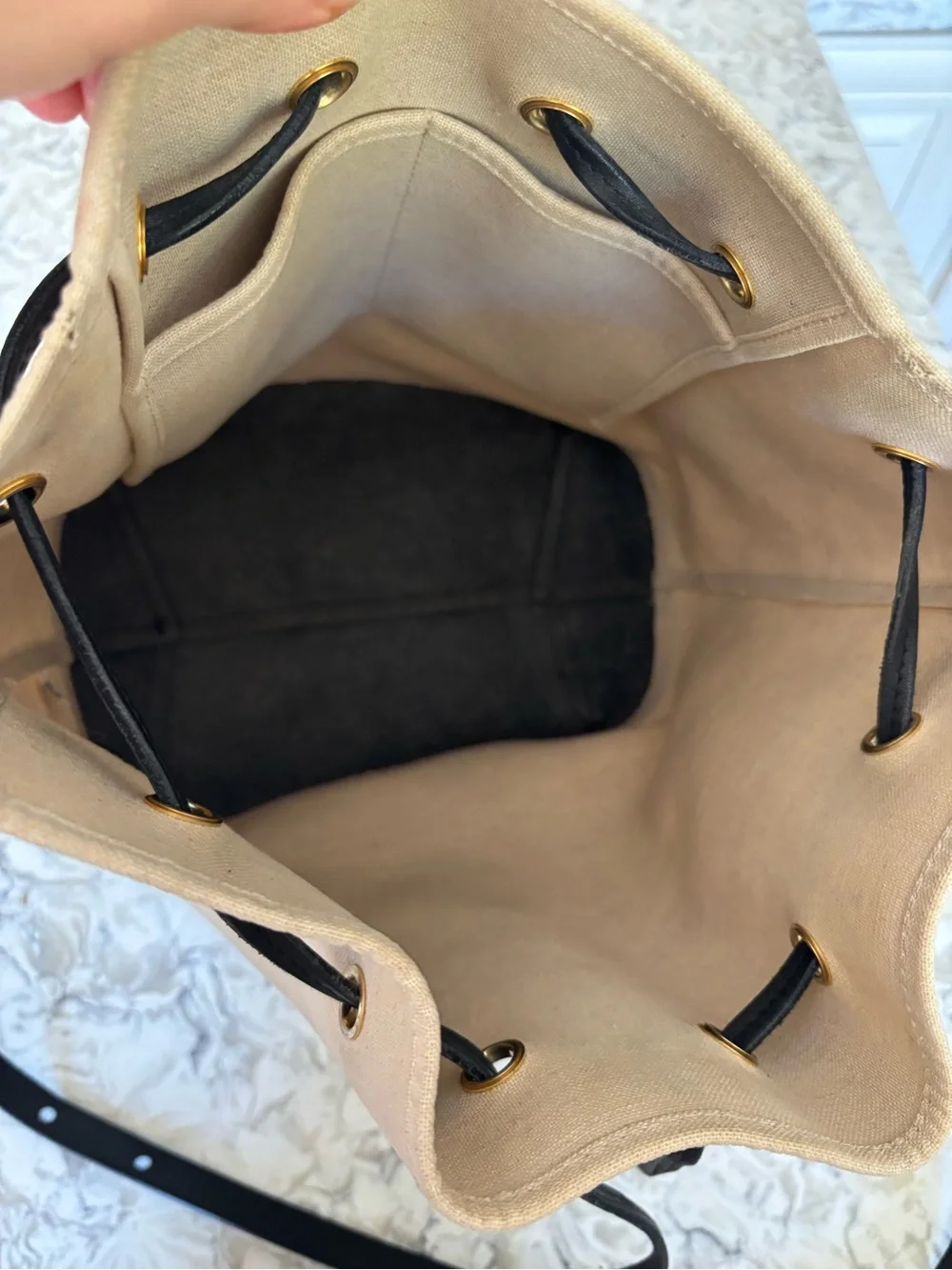 Mansur Gabriel Canvas Bucket Bag - Cream with Black Trim - Picture 9 of 11